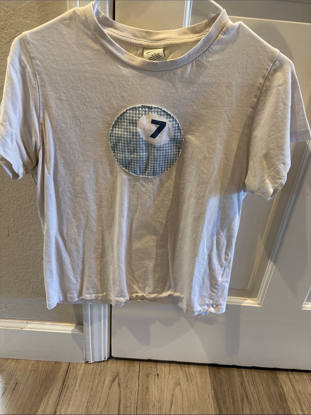 White Tee with Blue Gingham Number Patch